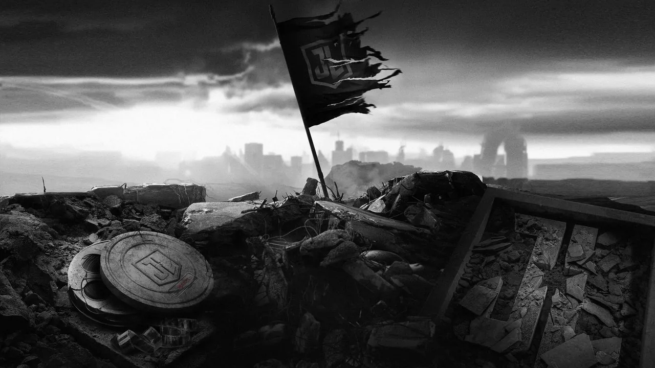 The League's flag in the rubble of the devastated world, in an official still from Zack Snyder's cut