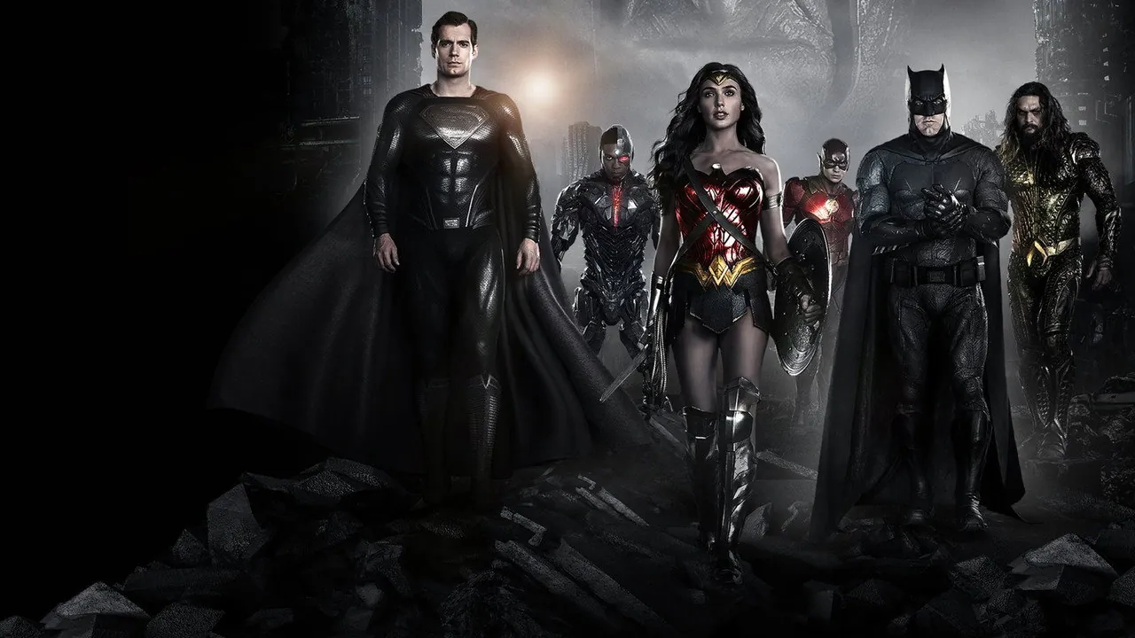 The League gathered in the rubble, with Superman in a black uniform, in an official still from Zack Snyder's cut