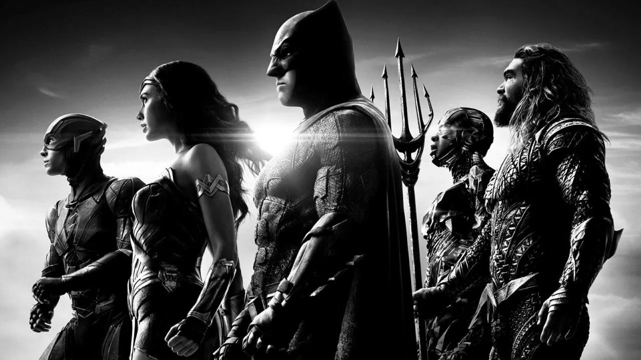 The League in backlight, in black and white, in official art from Zack Snyder's cut of Justice League