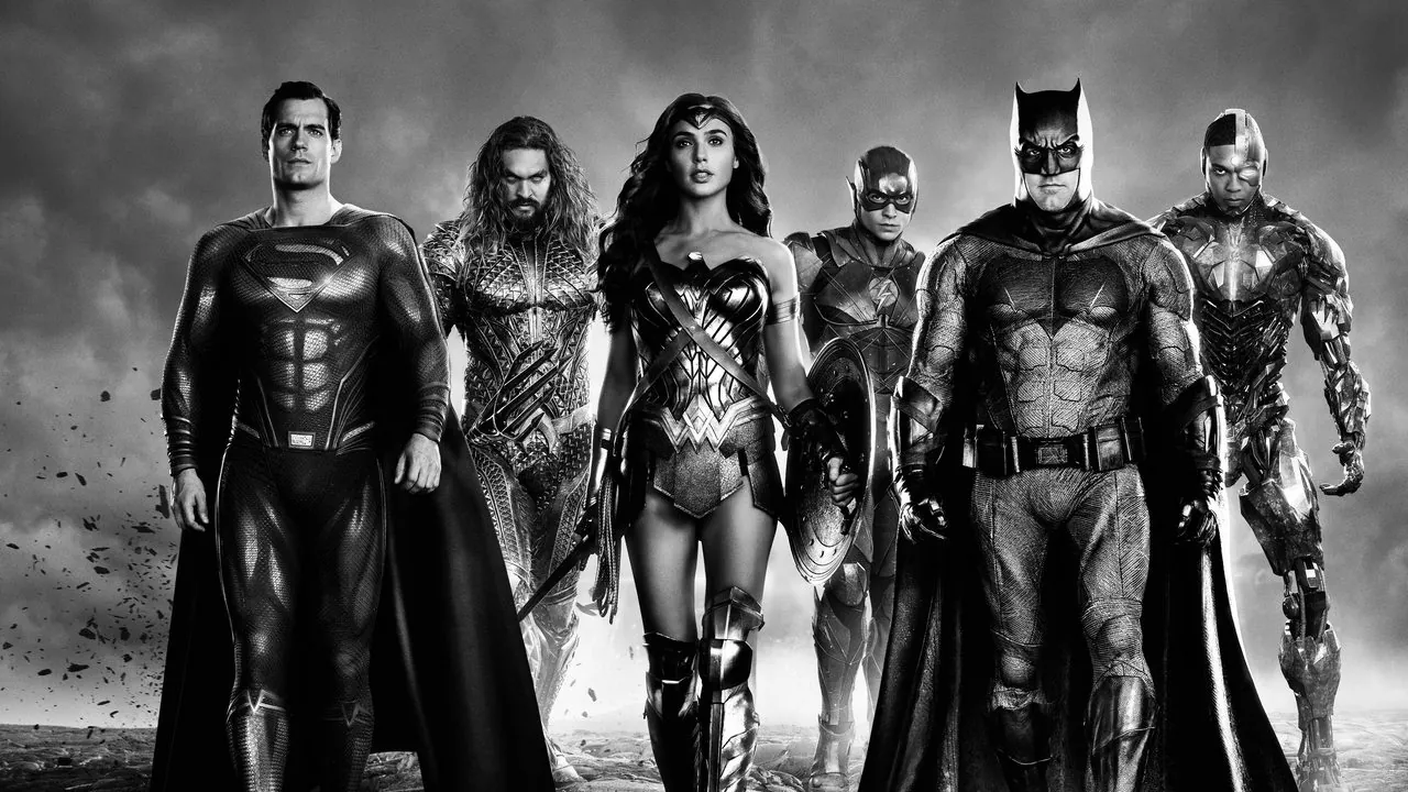 The League in black and white in official art from Zack Snyder's cut of Justice League