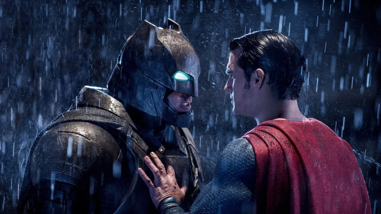 Batman and Superman face to face in the rain in official still from Batman v Superman