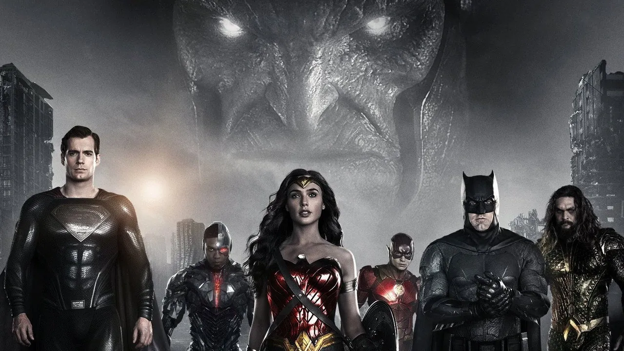 Darkseid's face behind the League in official art from Zack Snyder's cut of Justice League