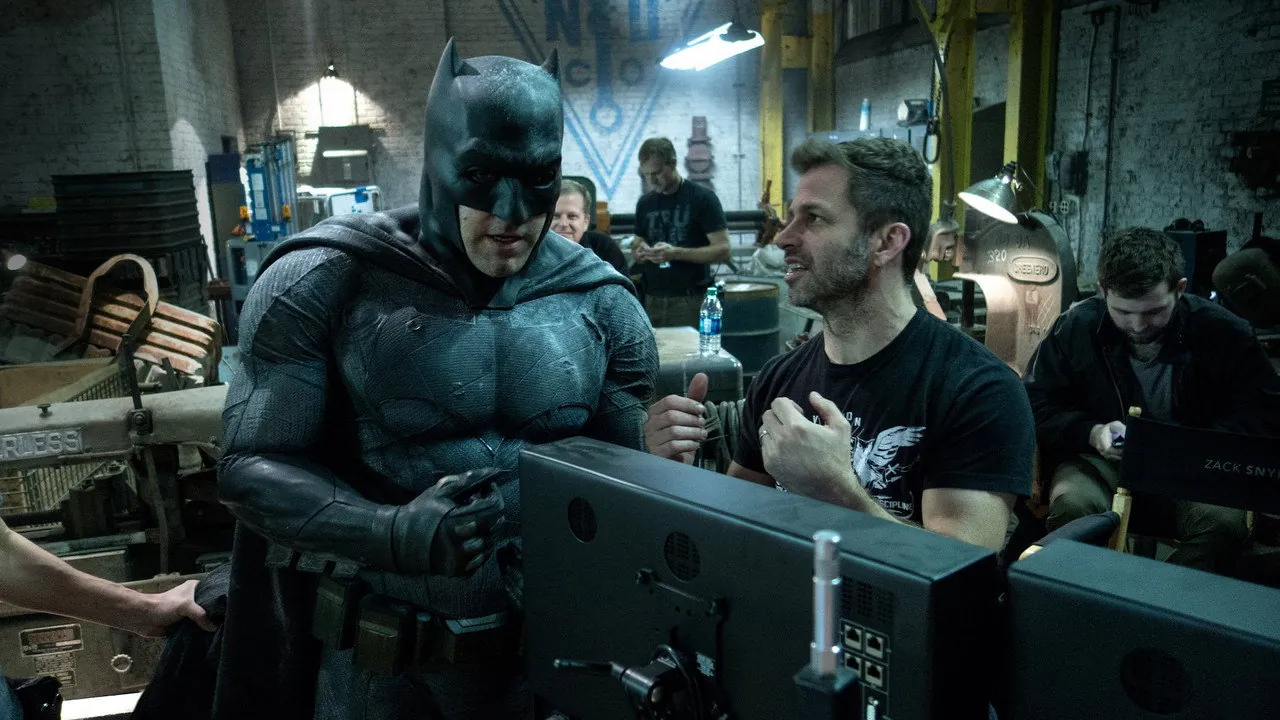 Zack Snyder directing on the set of Justice League, alongside Ben Affleck's Batman