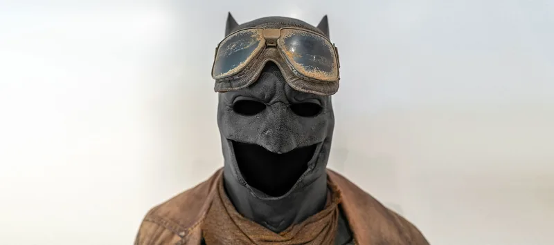 Primer plano de la capucha de Batman y las gafas de aviador de Knightmare